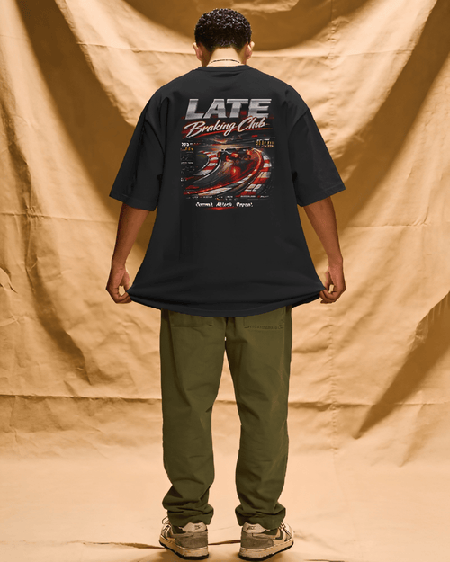 Late Braking Club oversized motorsport tee worn by model, back print, India