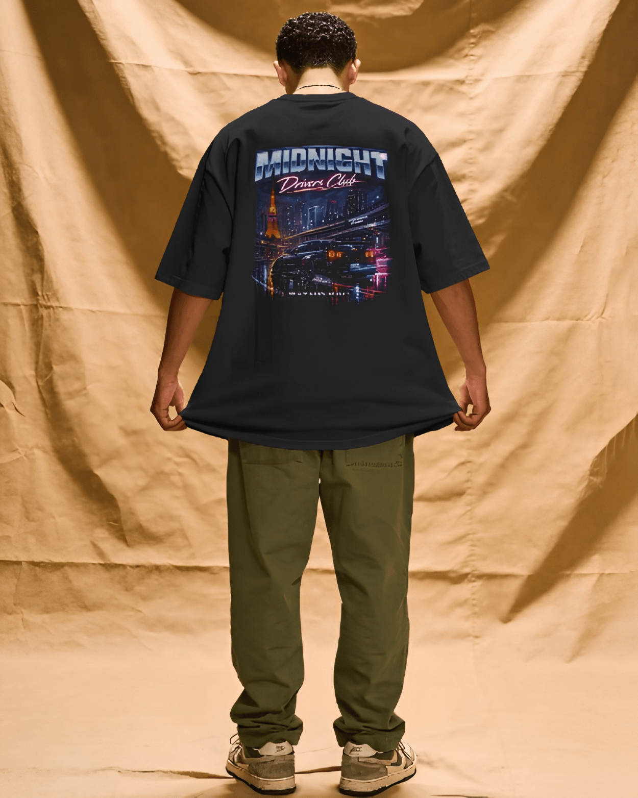 Midnight Drivers Club oversized motorsport tee worn by model, back print, India