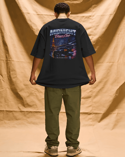 Midnight Drivers Club oversized motorsport tee worn by model, back print, India